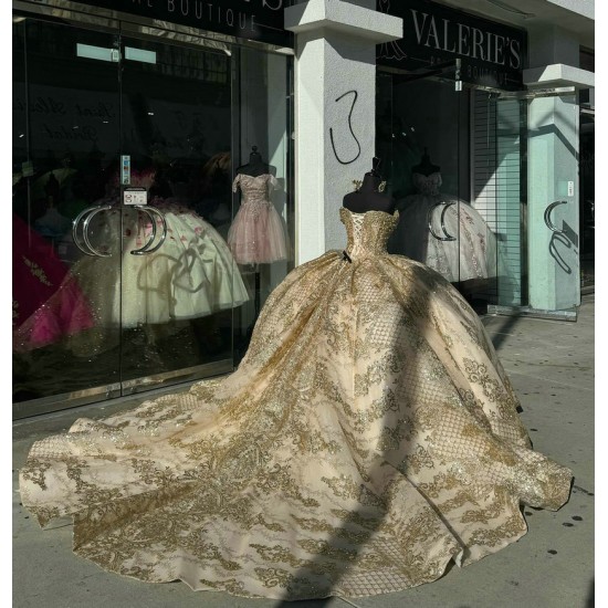 Off Shoulder Champagne Quinceanera Dresses Sweetheart Ball Gown 15 Dress