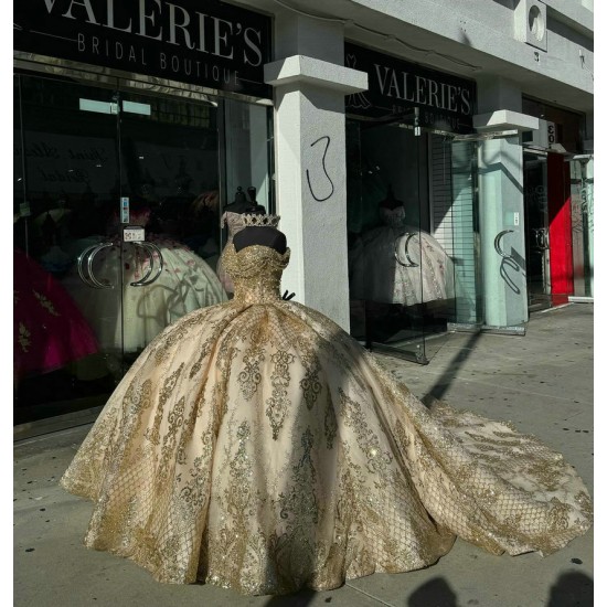 Off Shoulder Champagne Quinceanera Dresses Sweetheart Ball Gown 15 Dress