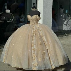 Off Shoulder Champagne Quinceanera Dresses Sweetheart Neck Ball Gown 15 Dress