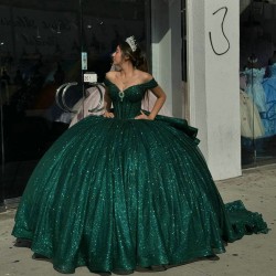 Off Shoulder Emerald Green Quince Dress Sweetheart Crystal Ball Gown 15 Dresses