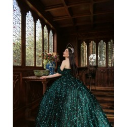 Off Shoulder Emerald Green Quince Dresses Metallic Sequin V Neck 15 Dress