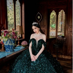 Off Shoulder Emerald Green Quince Dresses Metallic Sequin V Neck 15 Dress