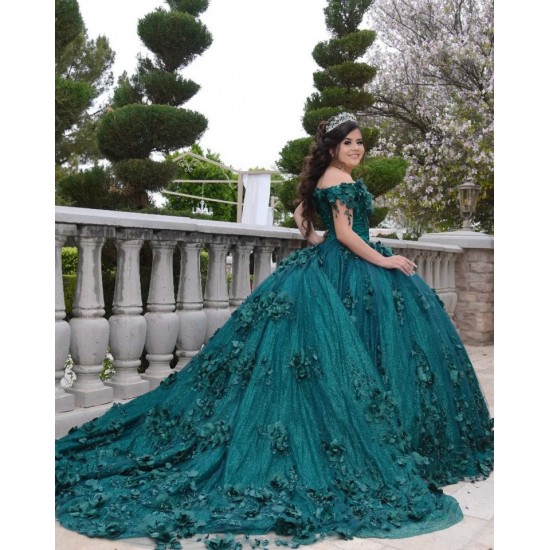 Off Shoulder Emerald Green Quince Dresses V Neck 15 Dress With 3D Flowers