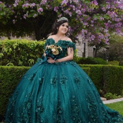 Off Shoulder Emerald Green Quince Dresses V Neck 15 Dress With 3D Flowers