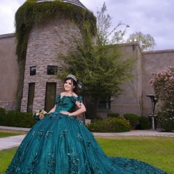 Off Shoulder Emerald Green Quince Dresses V Neck 15 Dress With 3D Flowers