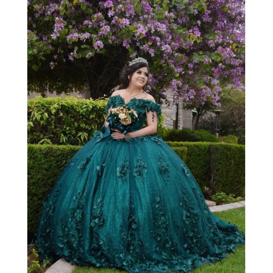 Off Shoulder Emerald Green Quince Dresses V Neck 15 Dress With 3D Flowers