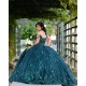 Off Shoulder Emerald Green Quinceanera Dress Lace Appliques V Neck 15 Dresses