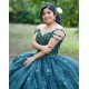 Off Shoulder Emerald Green Quinceanera Dress Lace Appliques V Neck 15 Dresses