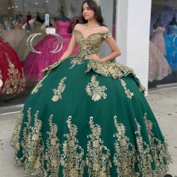 Off Shoulder Emerald Green Quinceanera Dress Sweetheart Metallic Sequin 15 Dresses