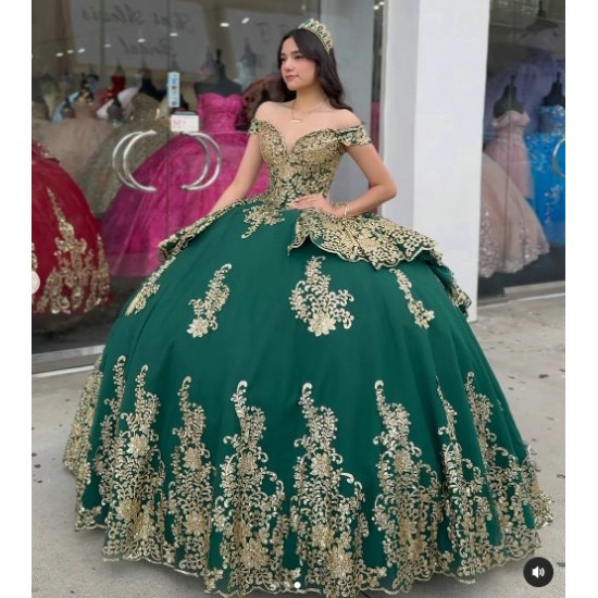 Off Shoulder Emerald Green Quinceanera Dress Sweetheart Metallic Sequin 15 Dresses