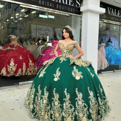 Off Shoulder Emerald Green Quinceanera Dress Sweetheart Metallic Sequin 15 Dresses