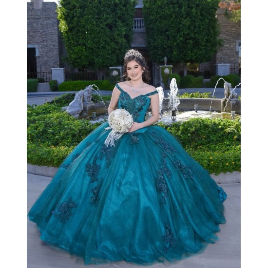 Off Shoulder Emerald Green Quinceanera Dress V Neck 15 Dresses