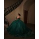 Off Shoulder Emerald Green Quinceanera Dresses V Neck Lace Appliques 15 Dress