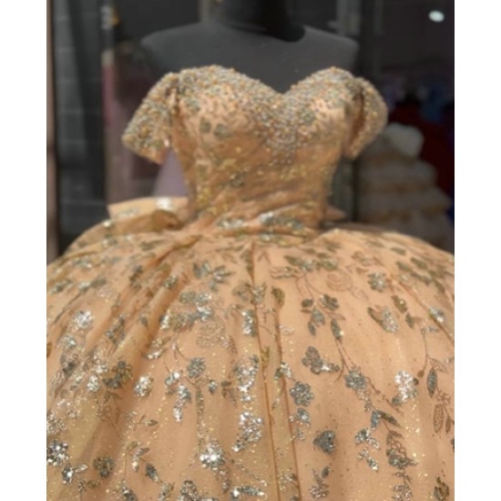 Off Shoulder Gold Quince Dress Metallic Sequin Sweetheart 15 Dresses With Bow