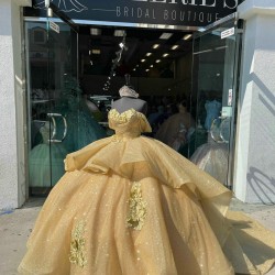 Off Shoulder Gold Quinceanera Dress Sweetheart Neck 15 Dresses