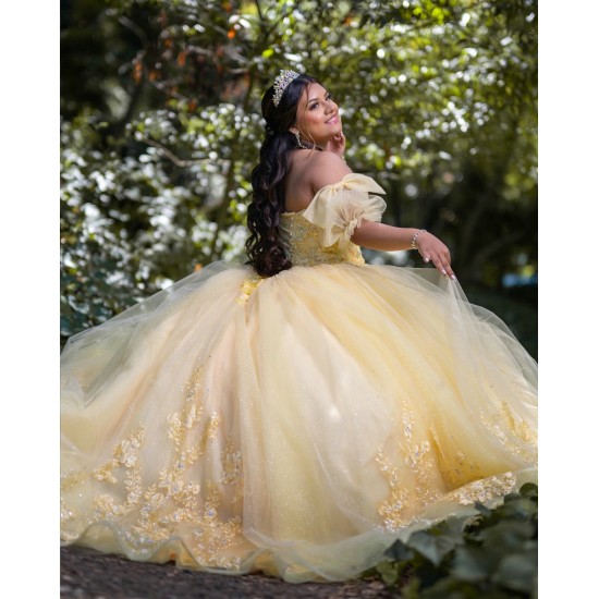 Off Shoulder Gold Quinceanera Dresses Crystal Lace Appliques Sweetheart Neck 15 Dress