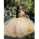 Off Shoulder Gold Quinceanera Dresses Crystal Lace Appliques Sweetheart Neck 15 Dress