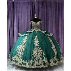 Off Shoulder Green 15 Dresses V Neck Ball Gown Quince Dress With Bow