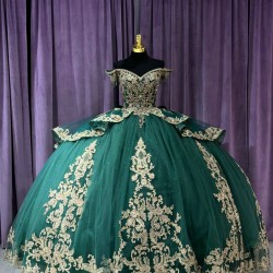 Off Shoulder Green 15 Dresses V Neck Ball Gown Quince Dress With Bow