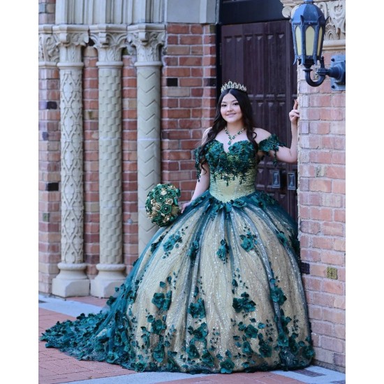 Off Shoulder Green On Nude Quinceanera Dress Sweetheart Neck 15 Dresses