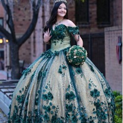 Off Shoulder Green On Nude Quinceanera Dress Sweetheart Neck 15 Dresses