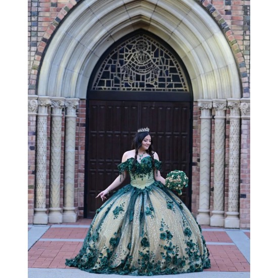 Off Shoulder Green On Nude Quinceanera Dress Sweetheart Neck 15 Dresses