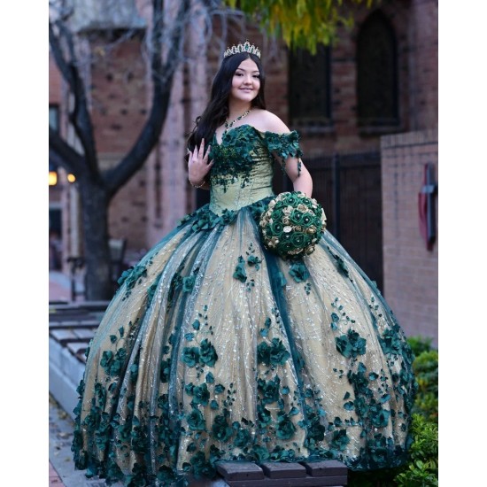 Off Shoulder Green On Nude Quinceanera Dress Sweetheart Neck 15 Dresses