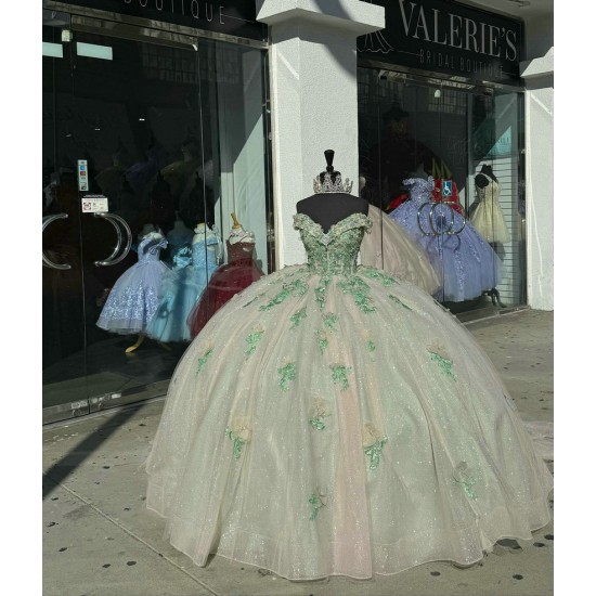 Off Shoulder Green On Pink Quinceanera Dresses V Neck Lace Appliques 15 Dress