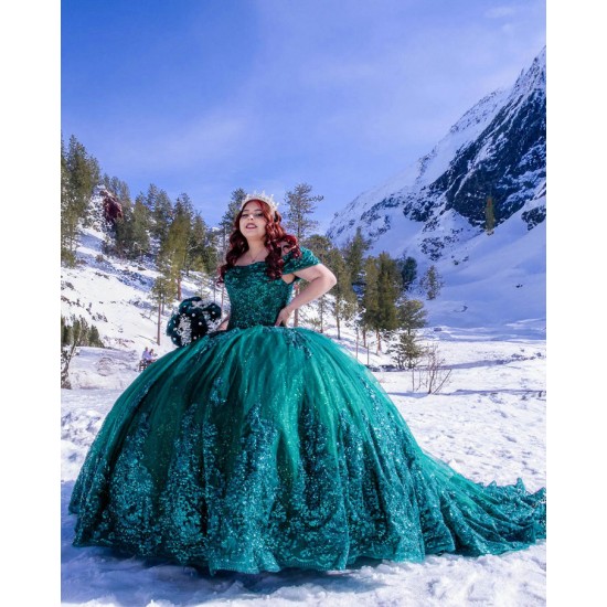 Off Shoulder Green Quinceanera Dress Scoop Neck 15 Dresses With Bow