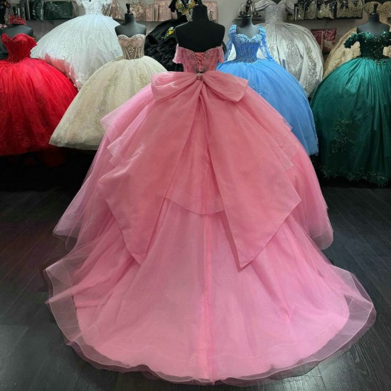 Off Shoulder Hot Pink Quinceanera Dresses Sweetheart Ball Gown 15 Dress With Bow