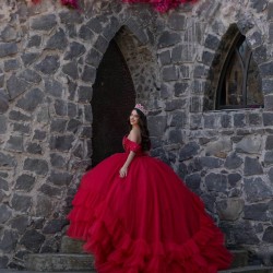 Off Shoulder Layered Red Quince Dresses Sweetheart Neck 15 Dress