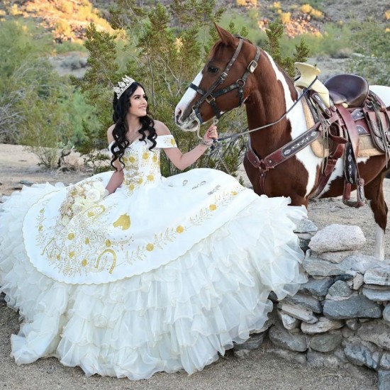 Off Shoulder Layered White Quinceanera Dress Sweetheart Neck 15 Dresses