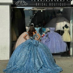 Off Shoulder Light Blue Quinceanera Dresses 15 Dress With Bow