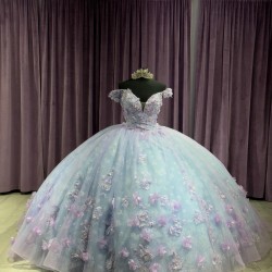 Off Shoulder Light Blue Quinceanera Dresses Crystal V Neck 15 Dress