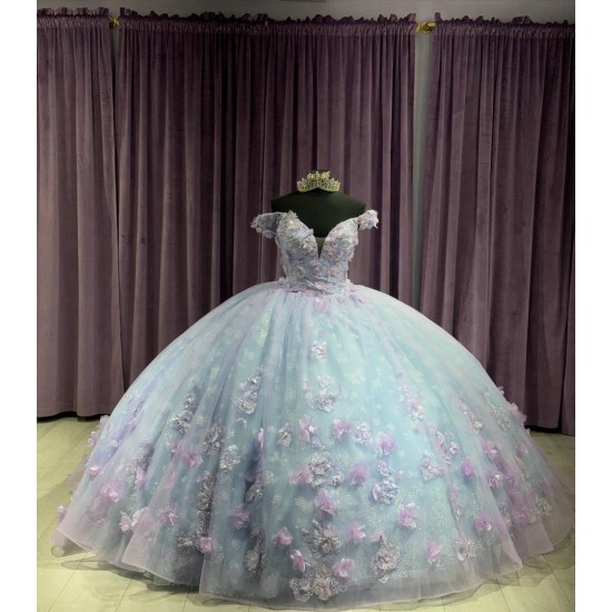 Off Shoulder Light Blue Quinceanera Dresses Crystal V Neck 15 Dress