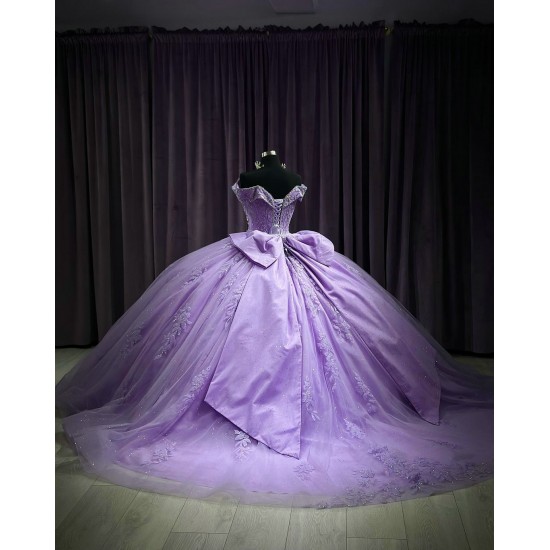 Off Shoulder Lilac 15 Dresses Lace Appliques Ball Gown V Neck Dress With Bow