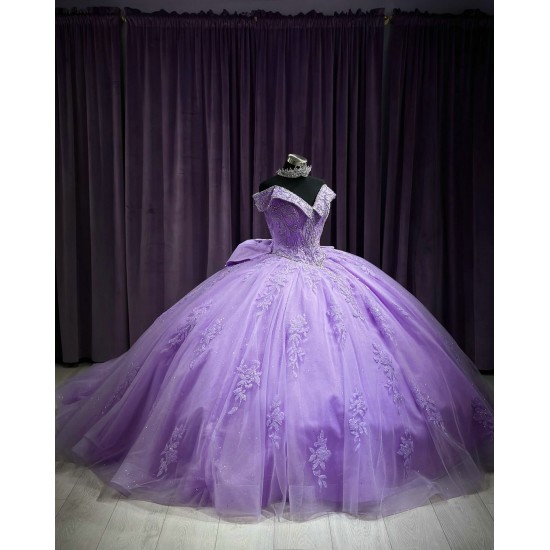 Off Shoulder Lilac 15 Dresses Lace Appliques Ball Gown V Neck Dress With Bow