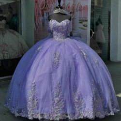 Off Shoulder Lilac Quince Dress Sweetheart Neck Ball Gown 15 Dresses With Bow