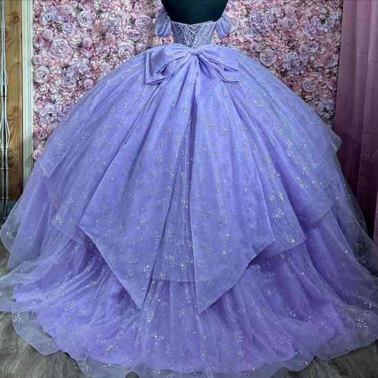 Off Shoulder Lilac Quince Dresses Scoop Neck Ball Gown 15 Dress With Bow