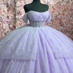 Off Shoulder Lilac Quince Dresses Scoop Neck Ball Gown 15 Dress With Bow