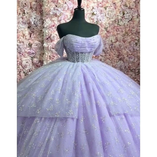 Off Shoulder Lilac Quince Dresses Scoop Neck Ball Gown 15 Dress With Bow