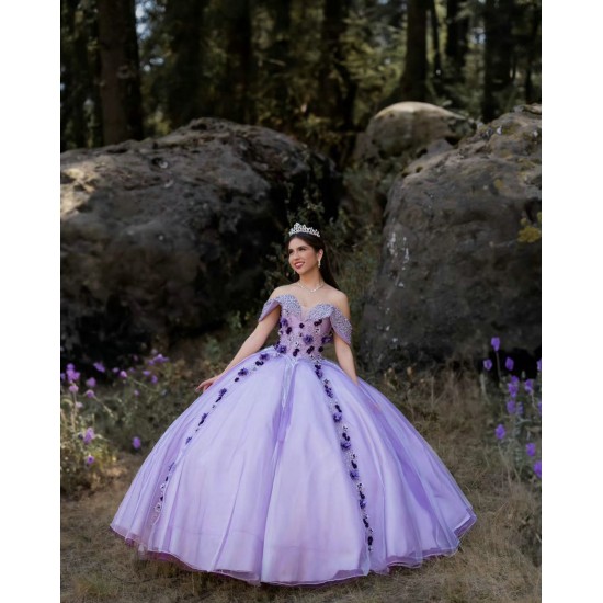 Off Shoulder Lilac Quince Dresses Sweetheart Neck 15 Dress With 3D Flowers