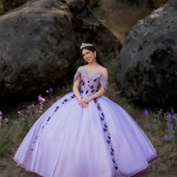 Off Shoulder Lilac Quince Dresses Sweetheart Neck 15 Dress With 3D Flowers