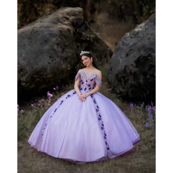 Off Shoulder Lilac Quince Dresses Sweetheart Neck 15 Dress With 3D Flowers