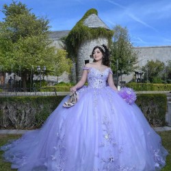 Off Shoulder Lilac Quinceanera Dress Metallic Sequin V Neck 15 Dresses