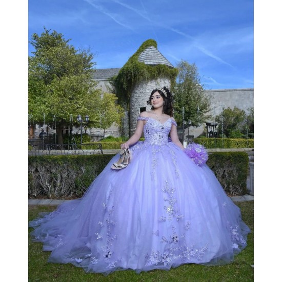 Off Shoulder Lilac Quinceanera Dress Metallic Sequin V Neck 15 Dresses