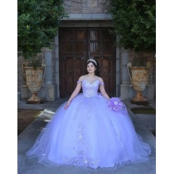 Off Shoulder Lilac Quinceanera Dress Metallic Sequin V Neck 15 Dresses