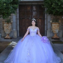 Off Shoulder Lilac Quinceanera Dress Metallic Sequin V Neck 15 Dresses