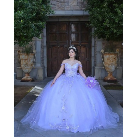 Off Shoulder Lilac Quinceanera Dress Metallic Sequin V Neck 15 Dresses