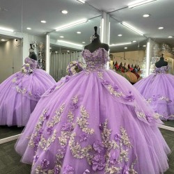 Off Shoulder Lilac Quinceanera Dress Sweetheart Neck 15 Dresses Lace Leaf Ball Gown